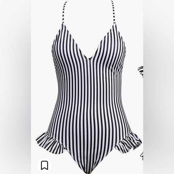 B&W Stripe Flattering V Low Cut Beach Bathing Suit Swimsuit Ruffle Beach Bikini - Picture 2 of 4
